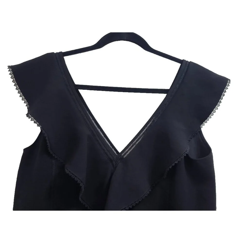 Sézane Black Sleeveless Ruffle V-Neck Dress Size 40 / M Elegant Parisian Style - Picture 3 of 10
